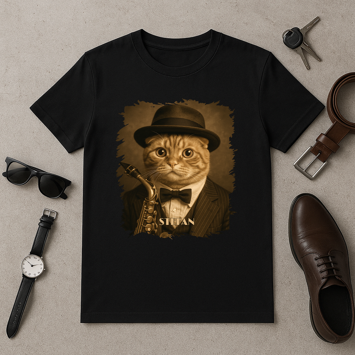 Katze als Jazzmusiker – Herren-T-Shirt mit Aufdruck für Katzenliebhaber