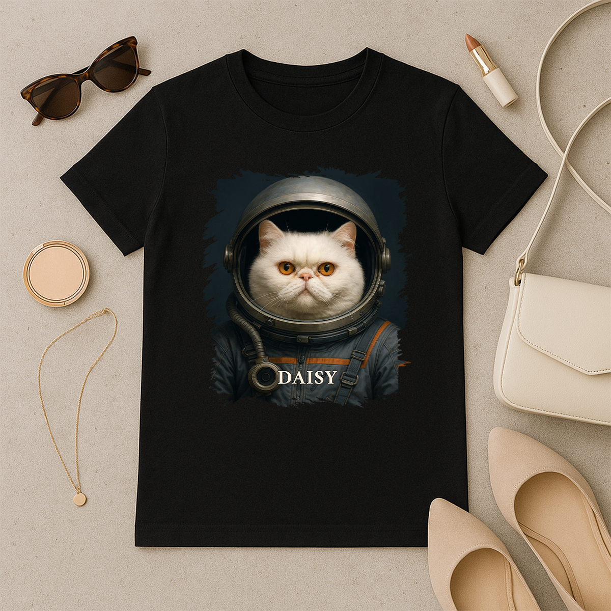 Katze als Astronaut – Damen-T-Shirt mit Aufdruck für Katzenliebhaber
