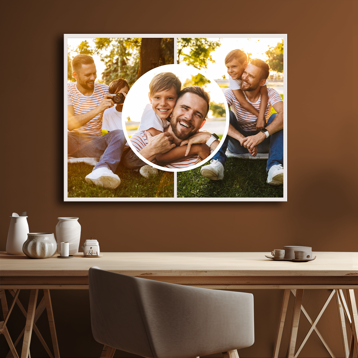 Collage aus drei Fotos mit Papa – personalisierter Leinwanddruck als Geschenk
