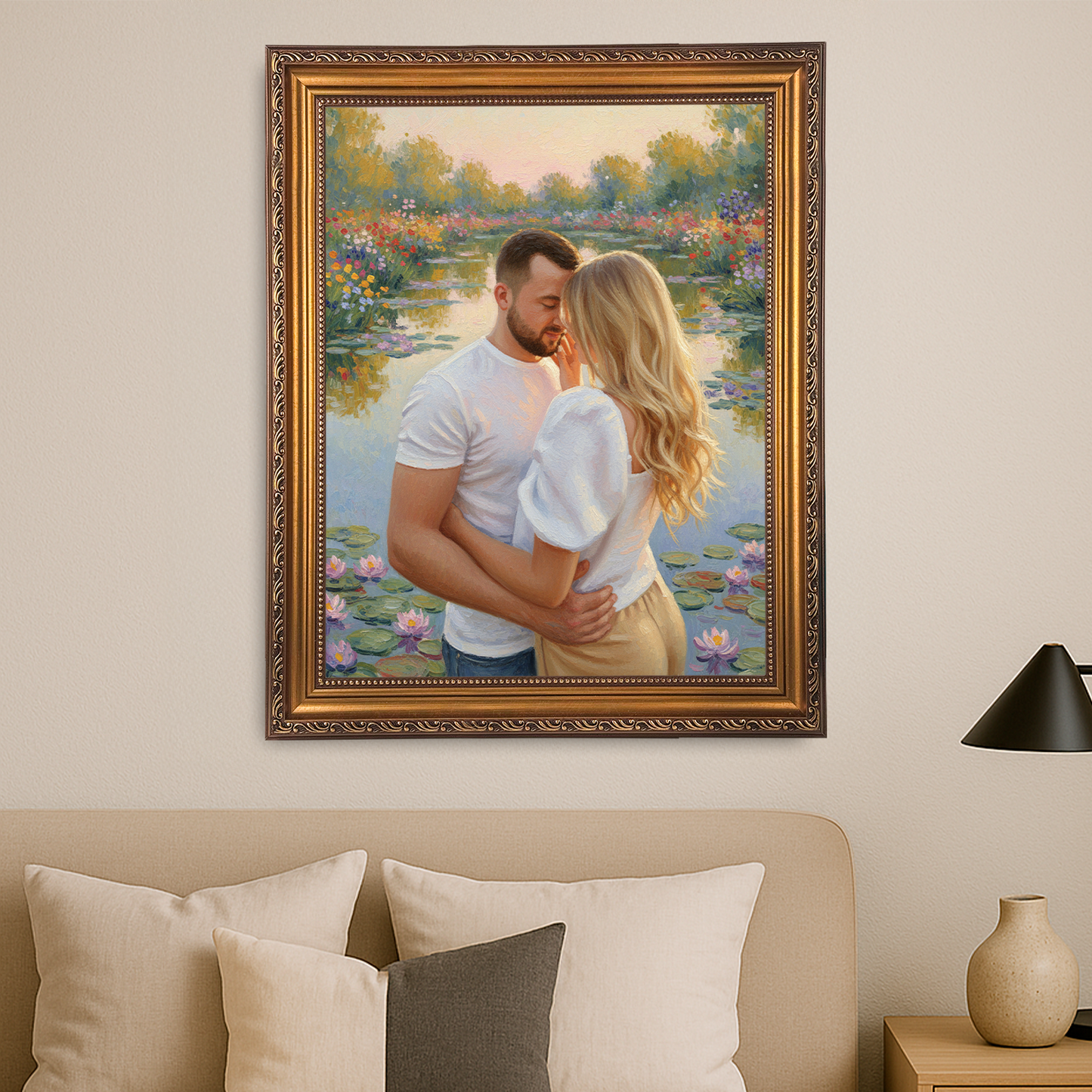 Spaziergang zu zweit am Teich – Leinwandporträt für Paare