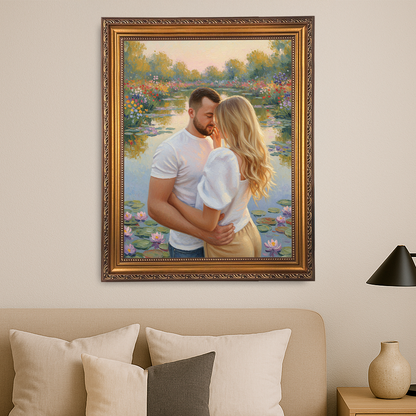 Spaziergang zu zweit am Teich – Leinwandporträt für Paare