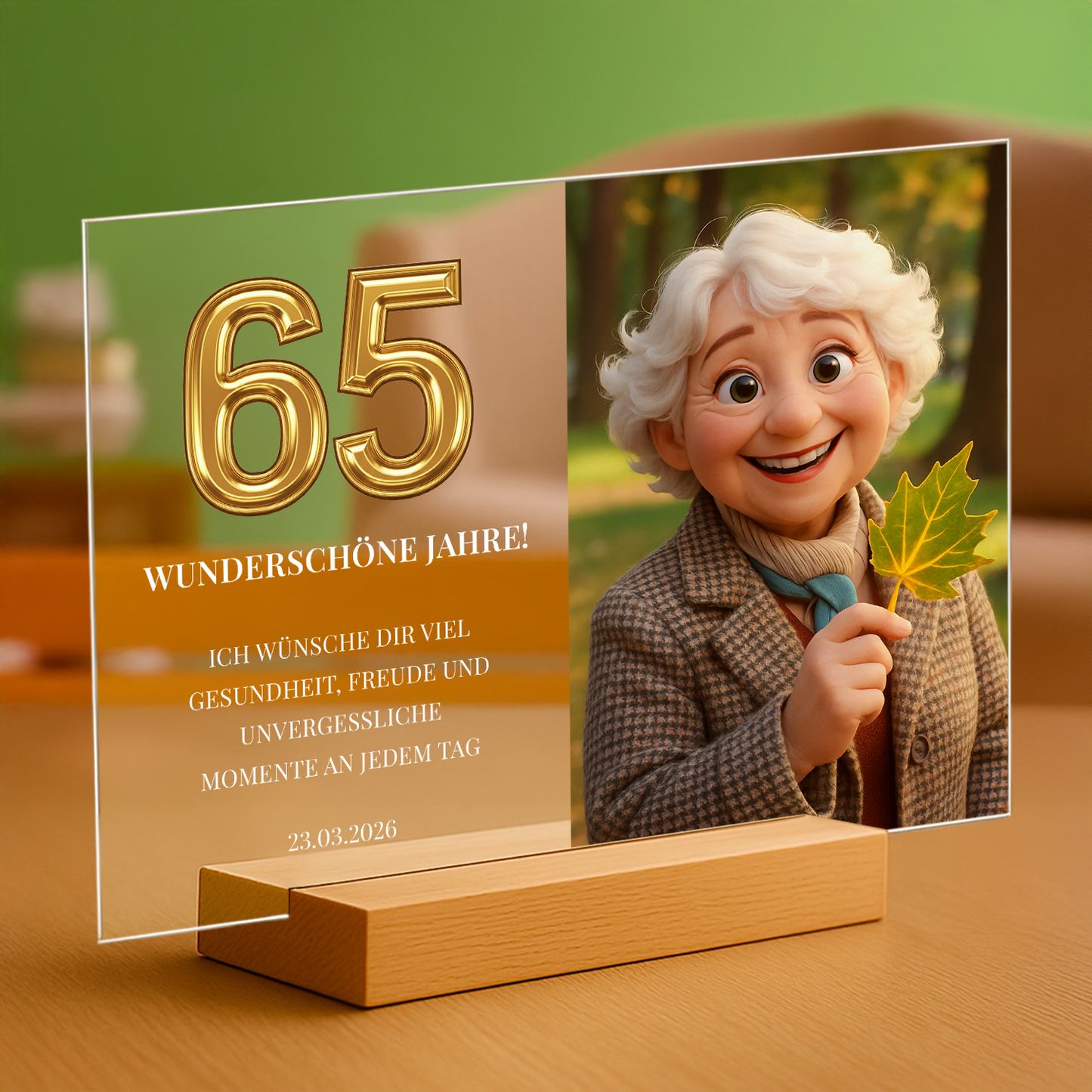 Märchenporträt zu ihrem 65. Geburtstag – personalisierter Glasdruck für sie