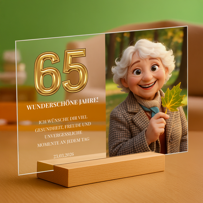 Märchenporträt zu ihrem 65. Geburtstag – personalisierter Glasdruck für sie