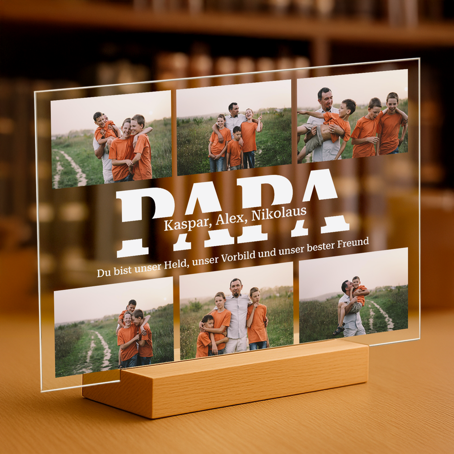 Schriftzug PAPA mit Fotocollage – personalisierter Glasdruck