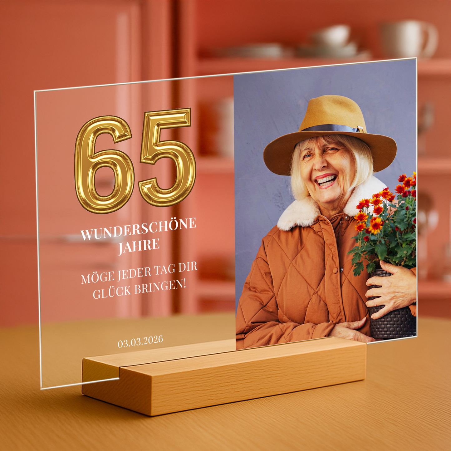 65 wunderschöne Jahre – personalisierter Glasdruck für sie