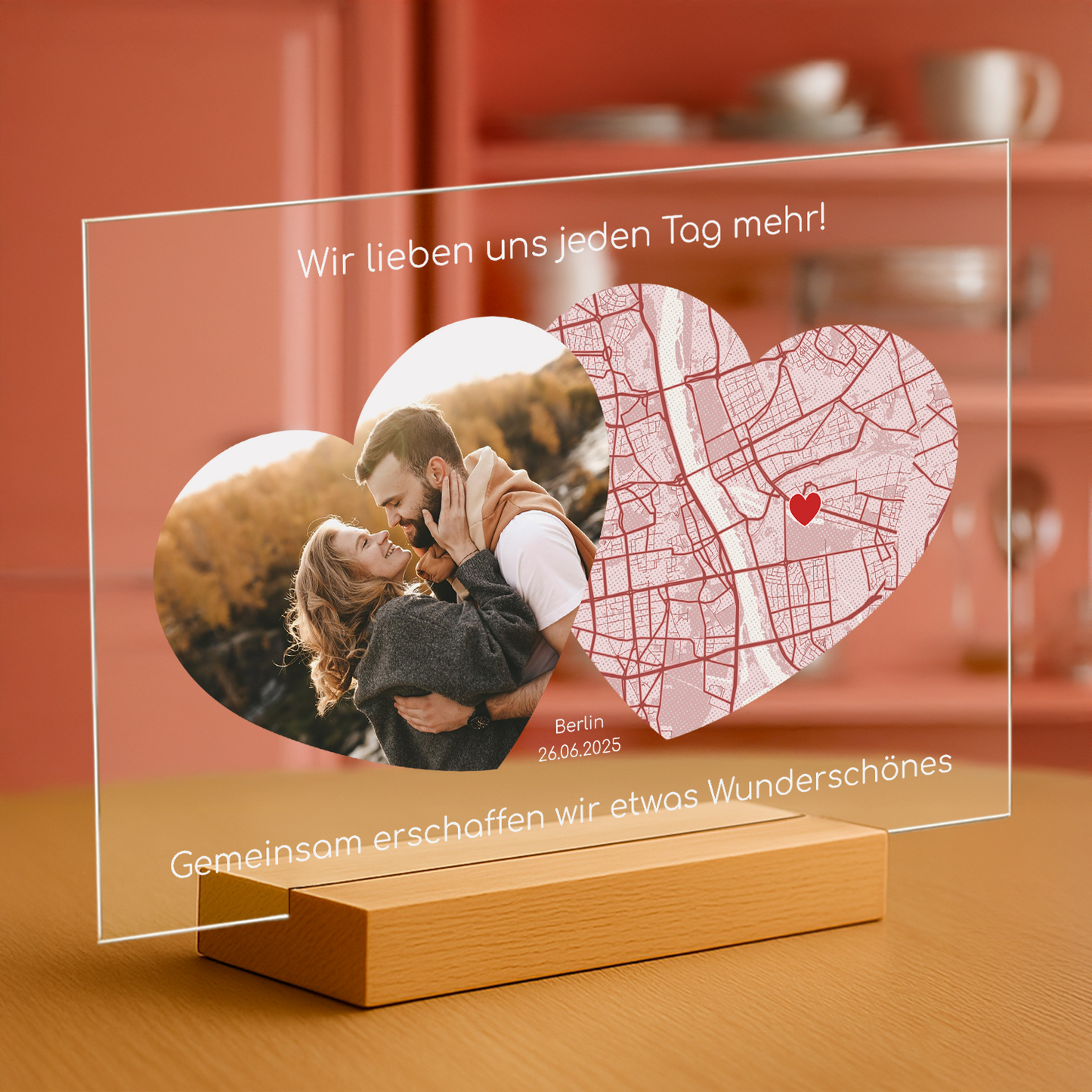 Foto des Paares + Karte – personalisierter Druck auf Glas