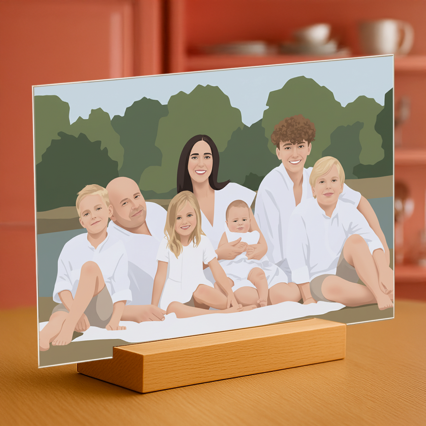 Familie wie in einer Illustration gezeichnet – Acrylglas-Porträt für Eltern