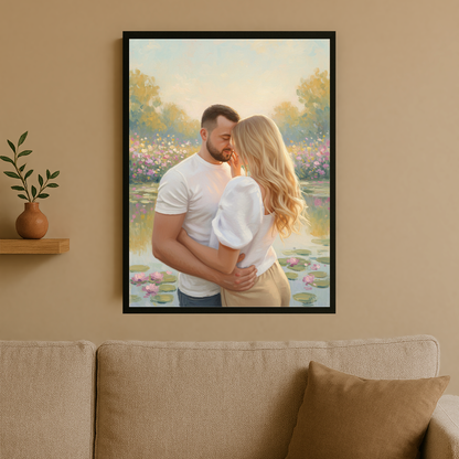 Verliebtes Paar am Teich – Porträt auf Poster für ein Paar