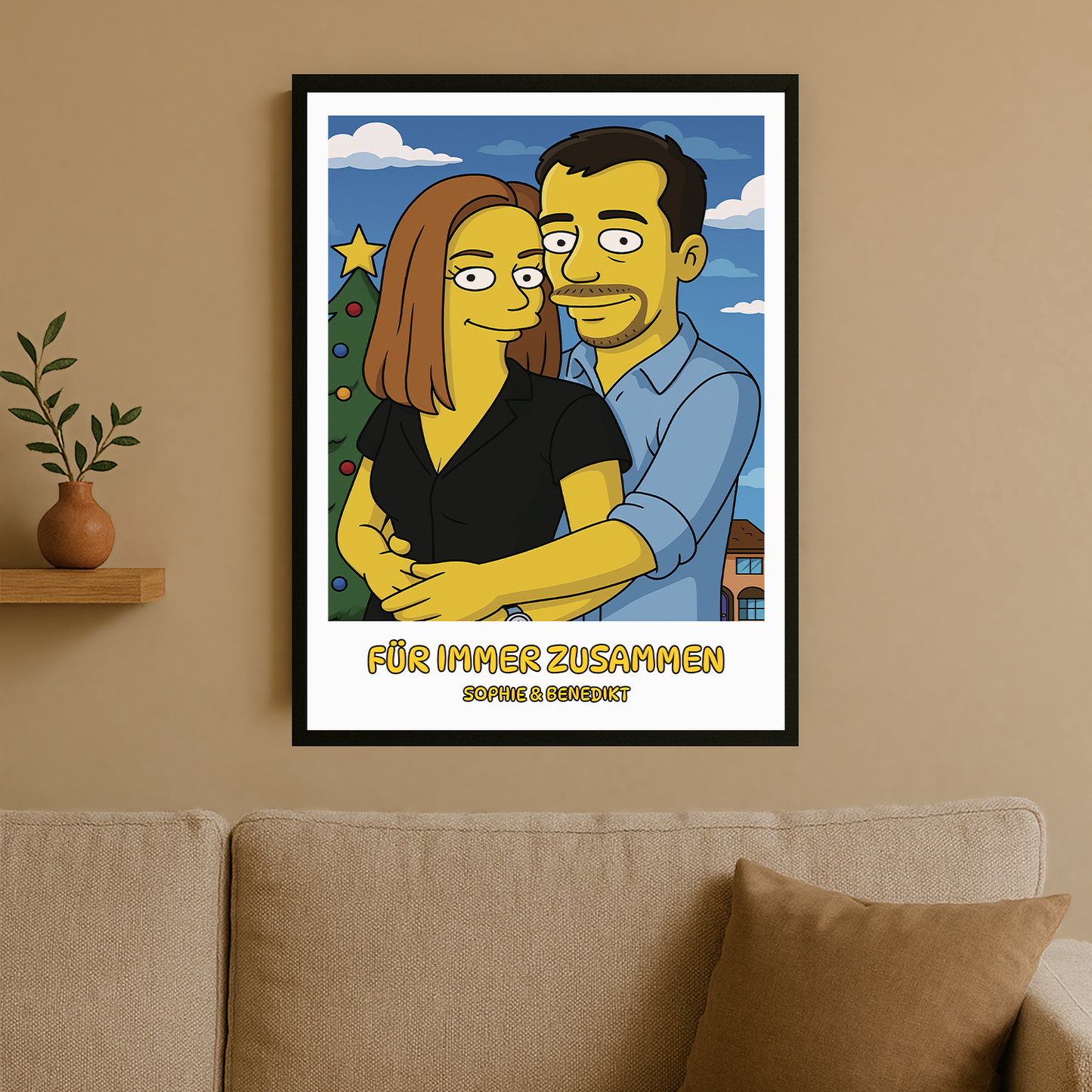 Festliches Paar im Cartoon-Stil – Porträtposter für Paare