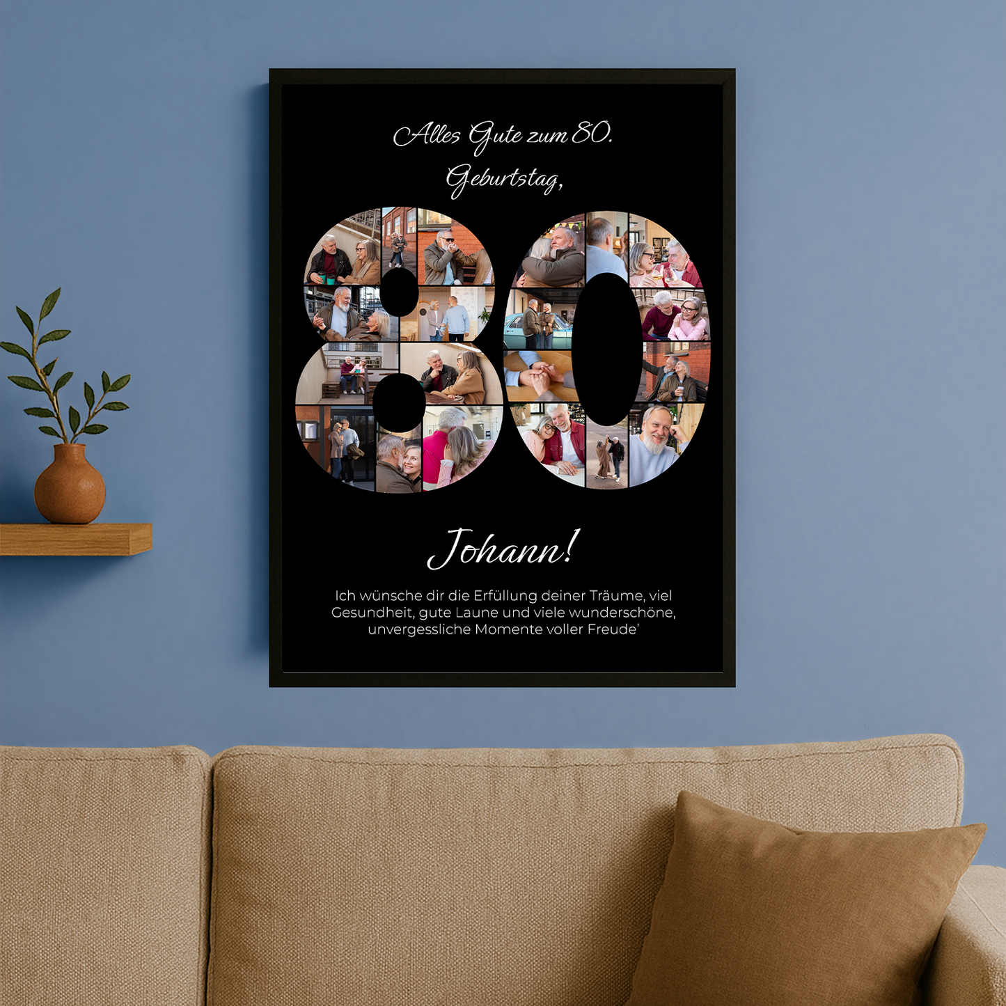 Personalisierte Fotocollage zum 80. Geburtstag – schwarzes Erinnerungs Poster