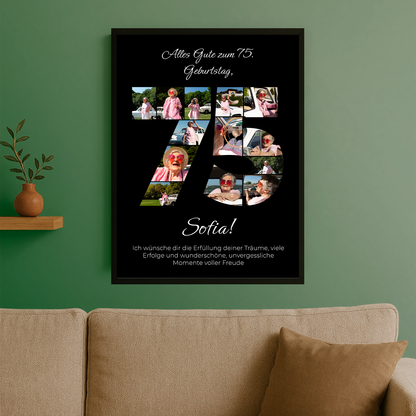 Schwarzes Jubiläumsposter zum 75. Geburtstag - personalisiertes Geschenk für sie