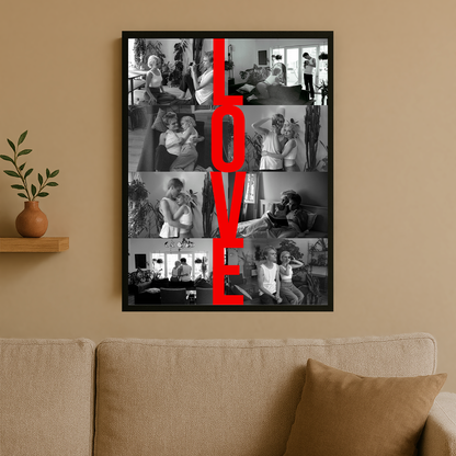 Collage aus 8 Fotos + Schriftzug „Love“ – personalisiertes Poster für Paare