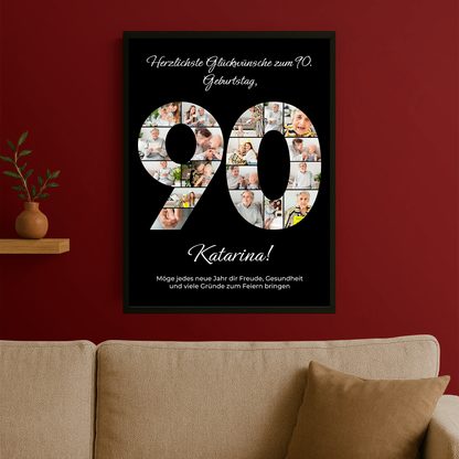 Schwarzes Jubiläumsposter zum 90. Geburtstag - personalisiertes Geschenk für sie