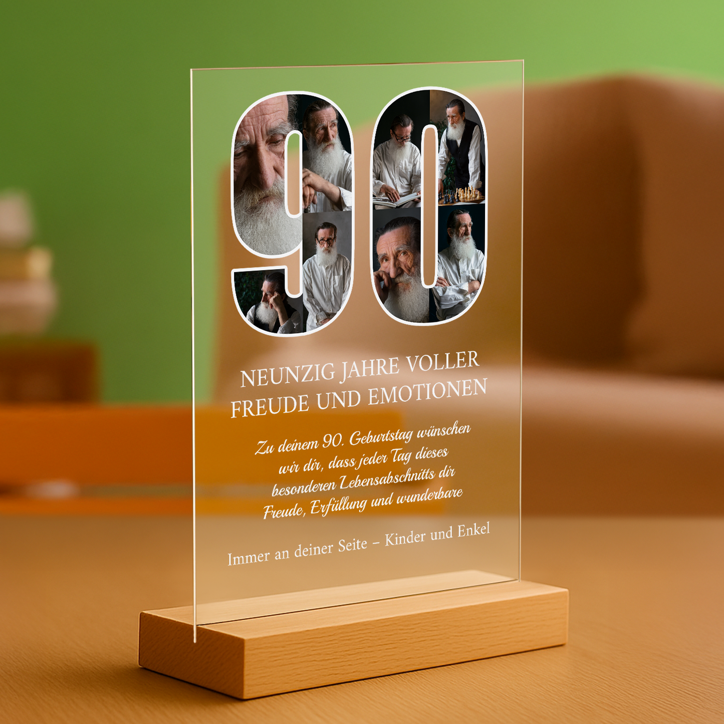 90 Jahre voller Erinnerungen – personalisierter Druck auf Glas für den Großvater