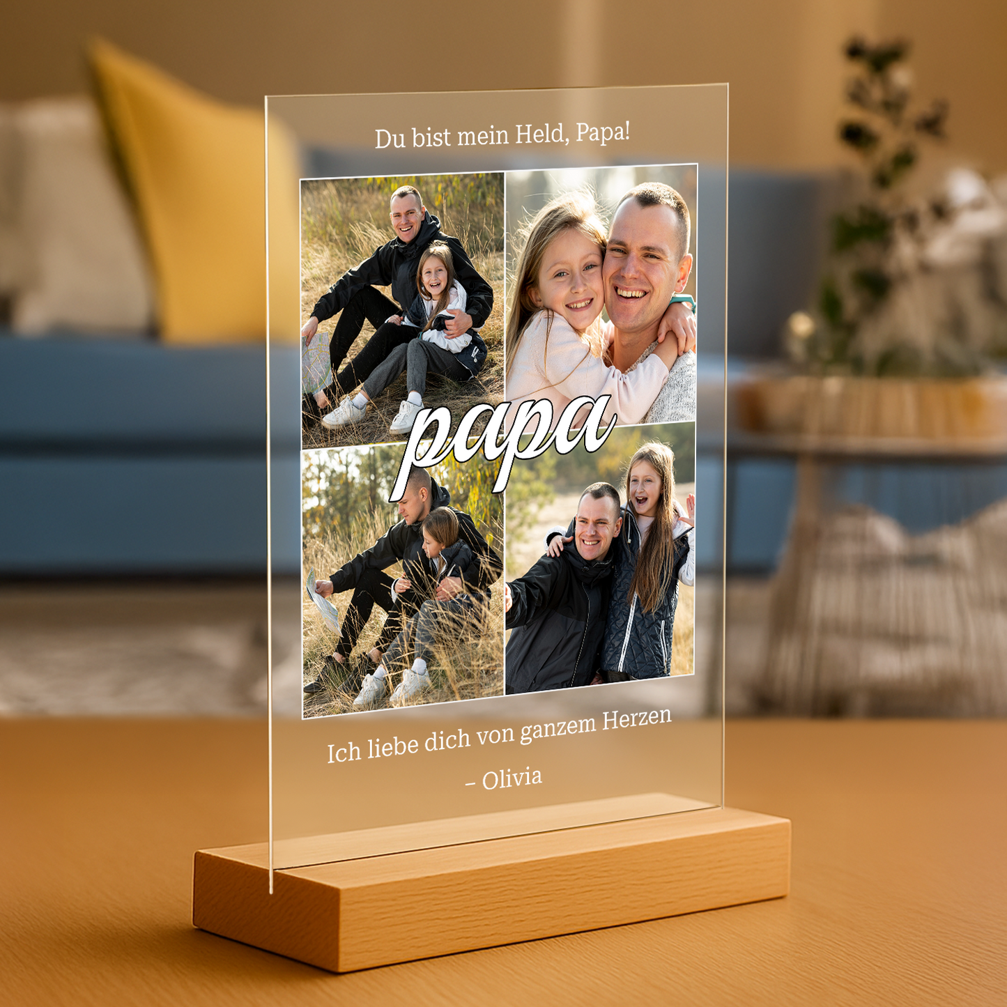Collage mit 4 Fotos mit Papa – personalisierter Glasdruck