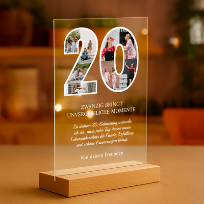 Glückwünsche zum 20. Geburtstag - personalisierter Glasdruck für eine Freundin