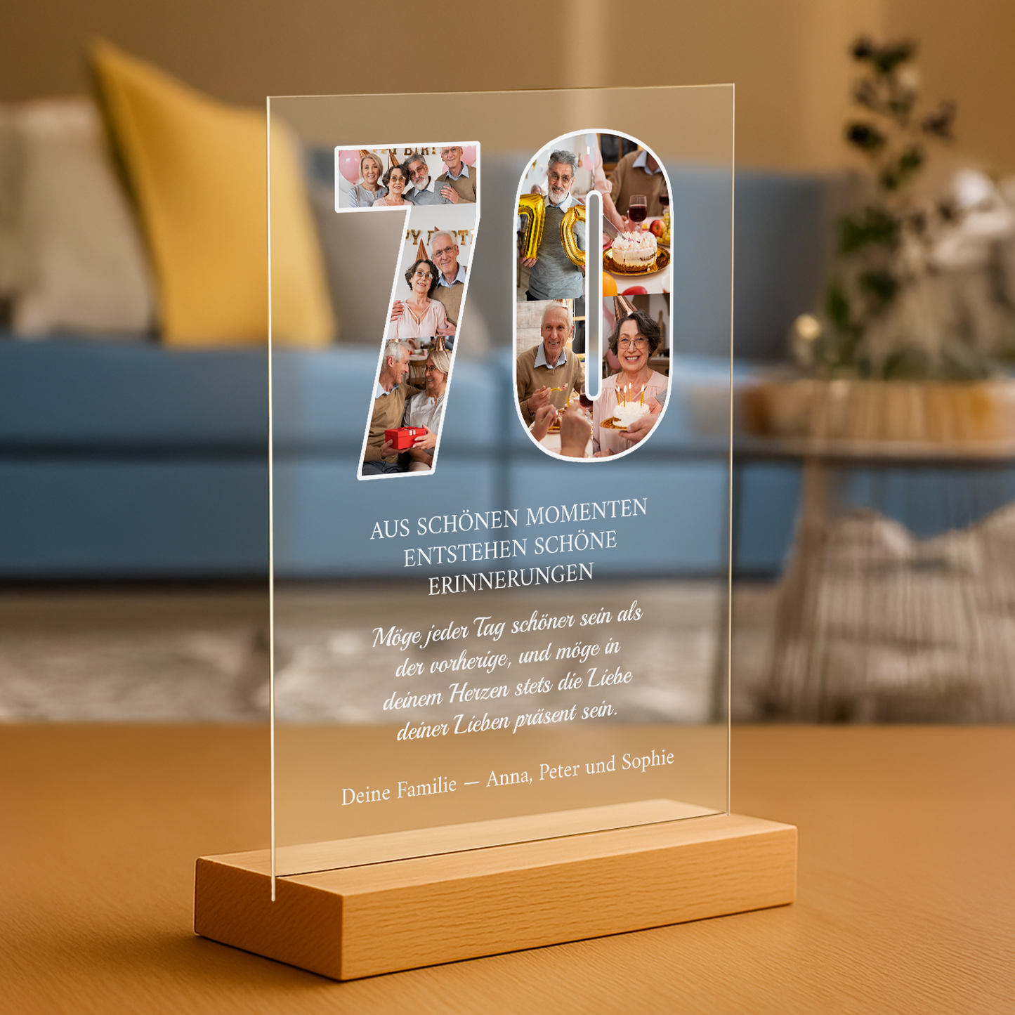 Wünsche zum 70. Geburtstag – personalisierter Druck auf Glas zum Geburtstag