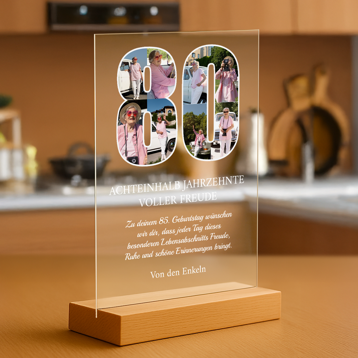 80 Jahre voller Freude – personalisierter Druck auf Glas für die Großmutter