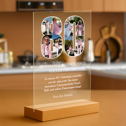 80 Jahre voller Freude – personalisierter Druck auf Glas für die Großmutter