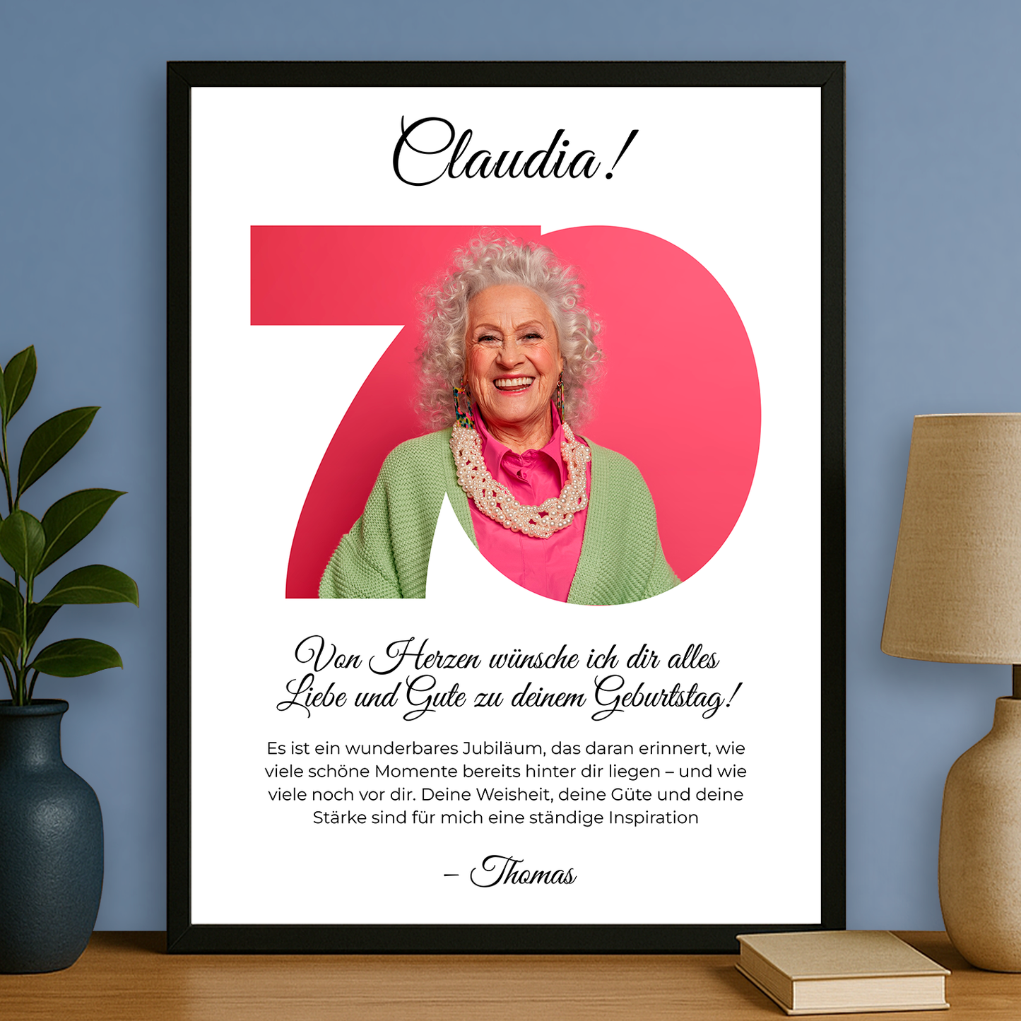 Herzenswünsche zum 70. – personalisiertes Poster für eine Frau