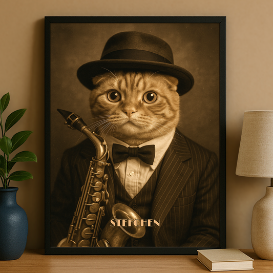 Katze im Jazz-Stil - personalisiertes Posterporträt für Katzenliebhaber
