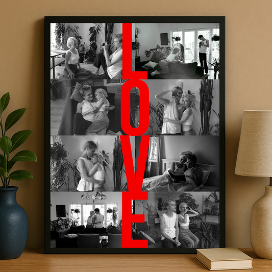 Collage aus 8 Fotos + Schriftzug „Love“ – personalisiertes Poster für Paare