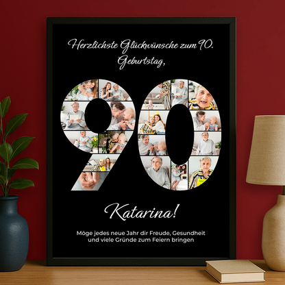 Schwarzes Jubiläumsposter zum 90. Geburtstag - personalisiertes Geschenk für sie