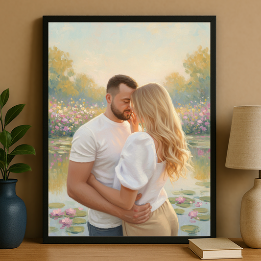 Verliebtes Paar am Teich – Porträt auf Poster für ein Paar