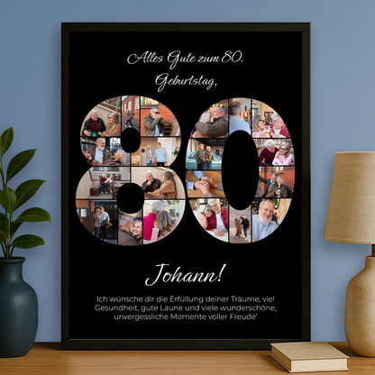 Personalisierte Fotocollage zum 80. Geburtstag – schwarzes Erinnerungs Poster