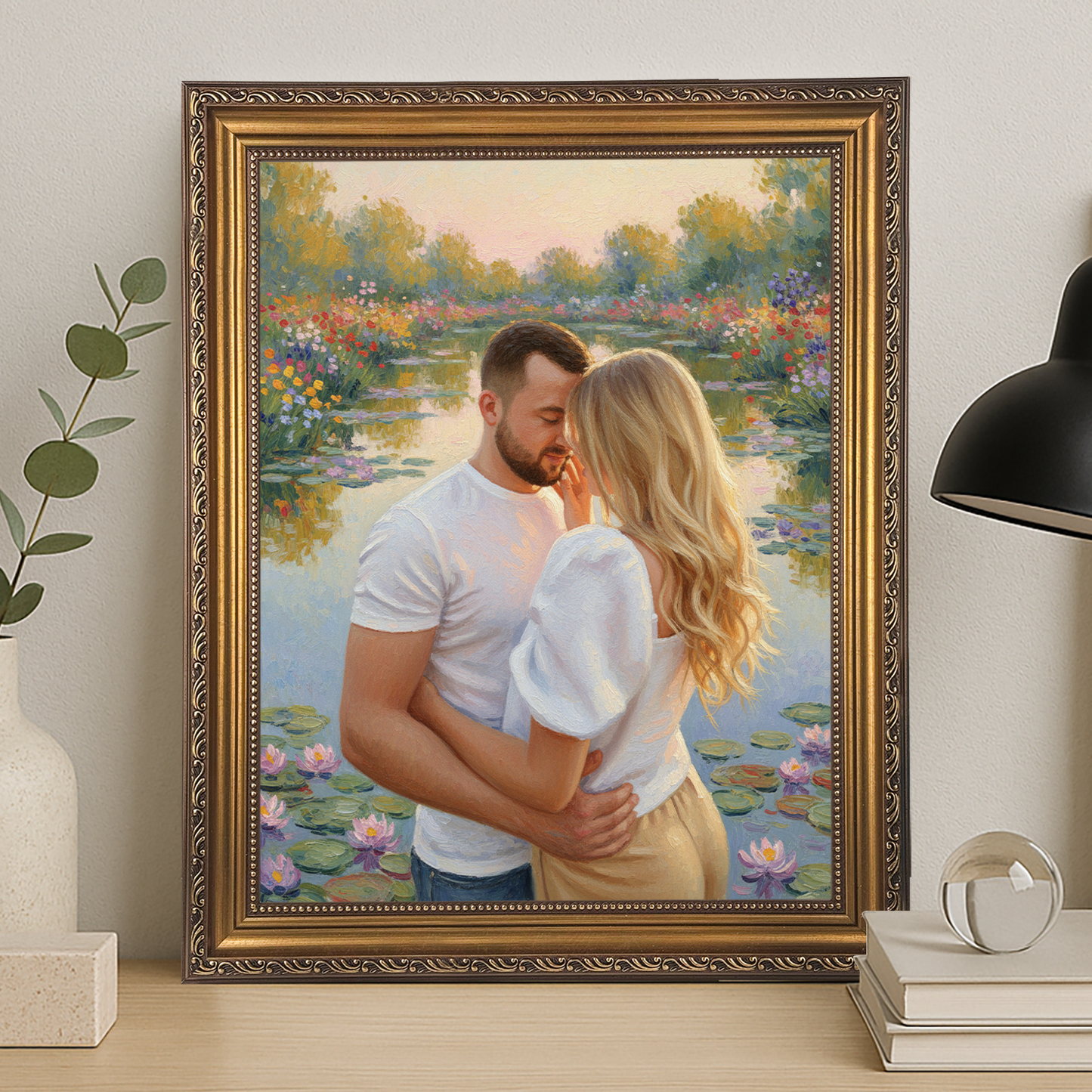 Spaziergang zu zweit am Teich – Leinwandporträt für Paare