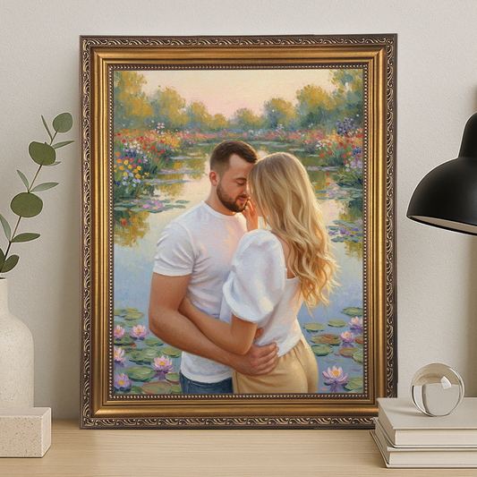 Spaziergang zu zweit am Teich – Leinwandporträt für Paare