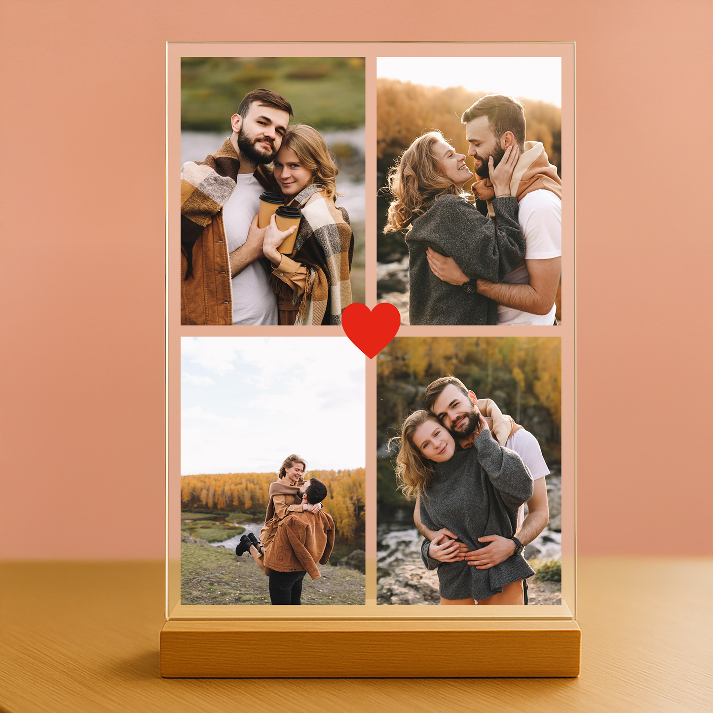 Collage aus 4 Fotos eines verliebten Paares - personalisierter Druck auf Acrylglas für Paare
