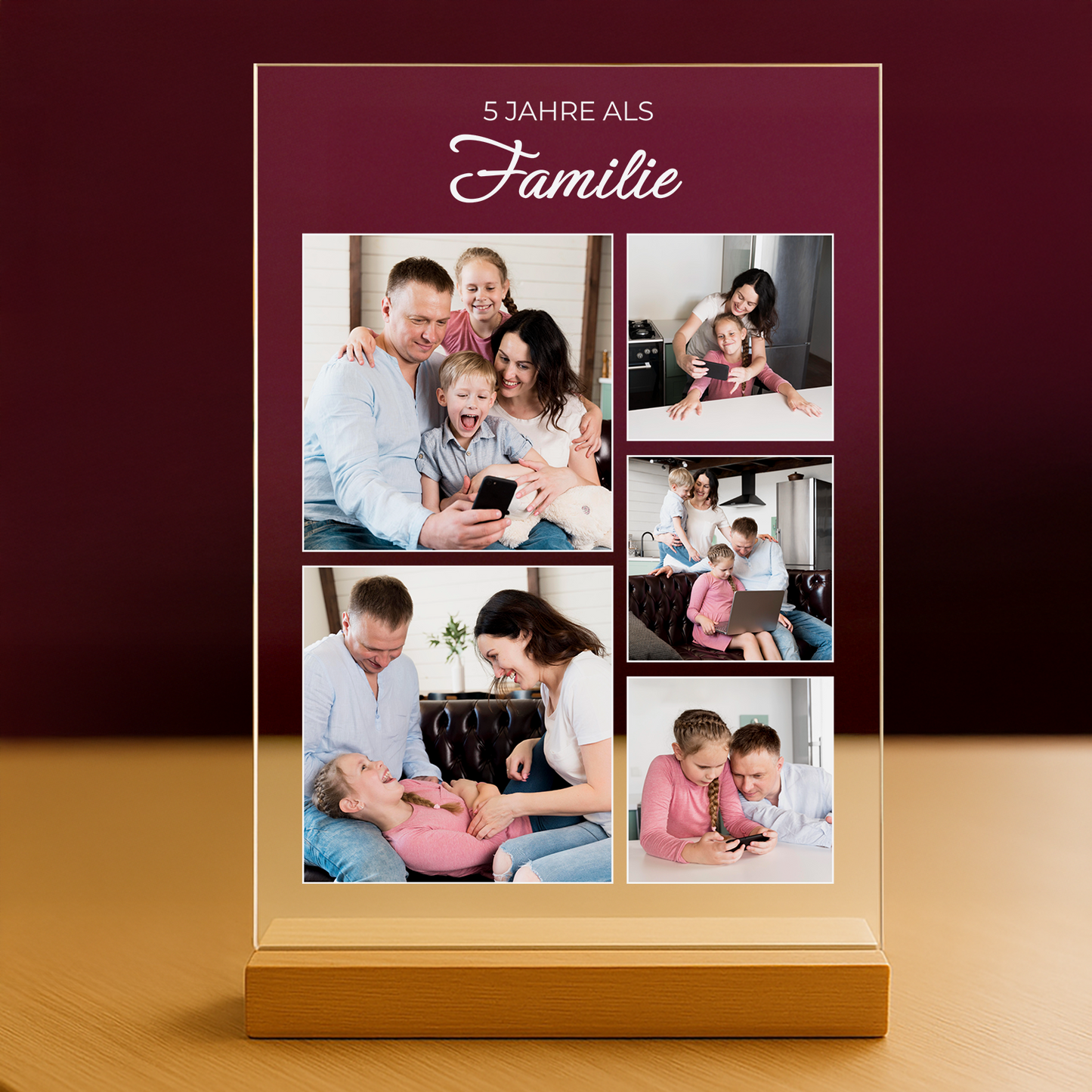 5 Jahre als Familie – personalisierter Druck auf Glas für Eltern