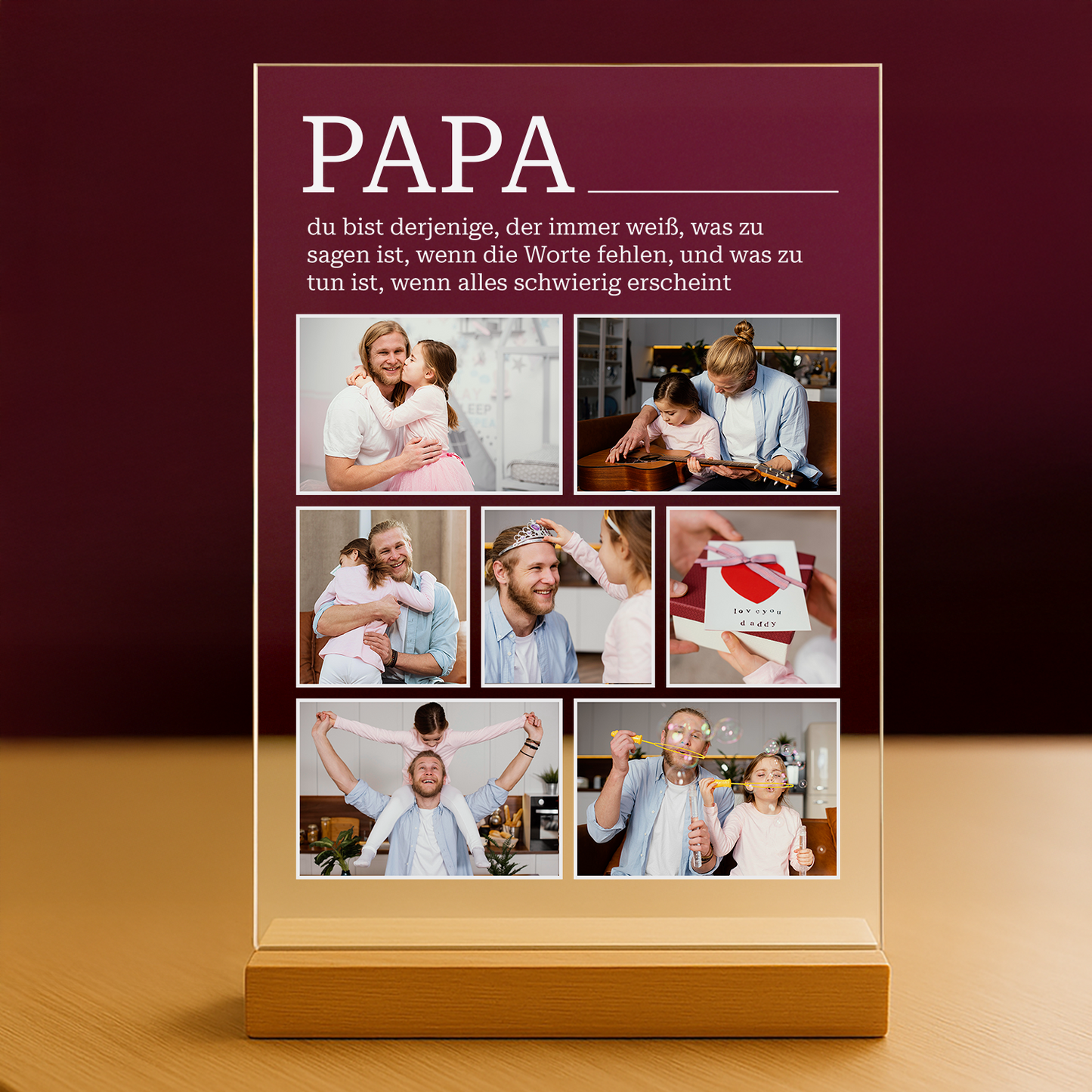 Collage mit 7 Fotos + Text – personalisierter Glasdruck