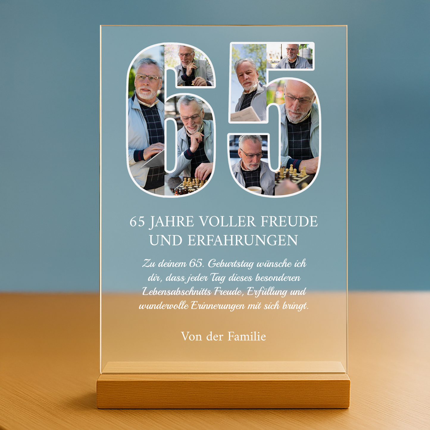 65 Jahre voller Freude – personalisierter Druck auf Glas für Männer