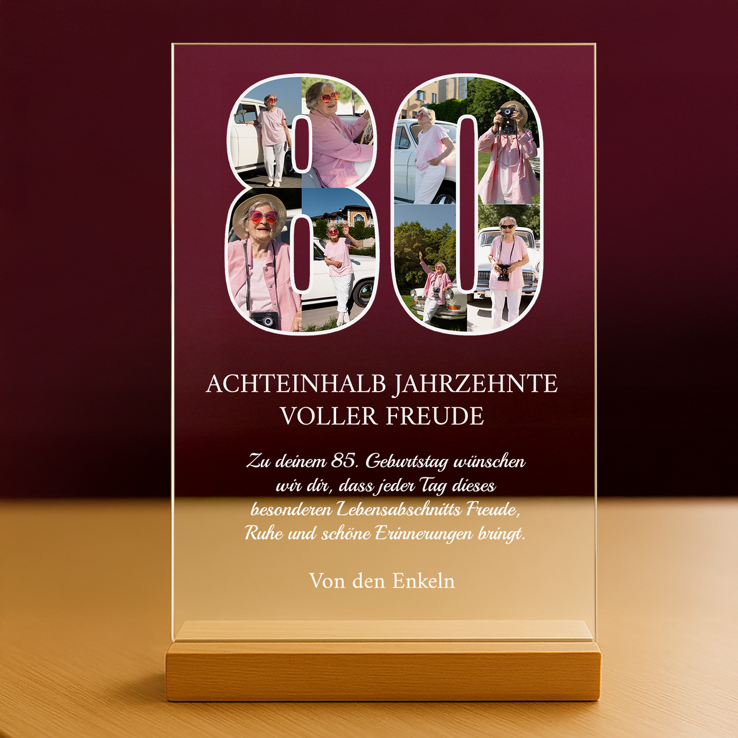 80 Jahre voller Freude – personalisierter Druck auf Glas für die Großmutter