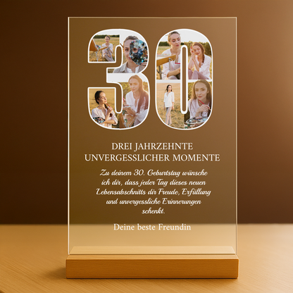 Drei Jahrzehnte voller schöner Momente – personalisierter Druck auf Glas für eine Freundin