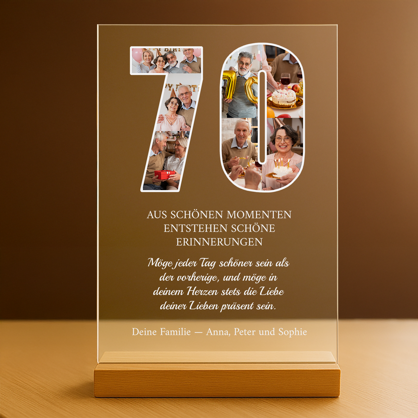 Wünsche zum 70. Geburtstag – personalisierter Druck auf Glas zum Geburtstag