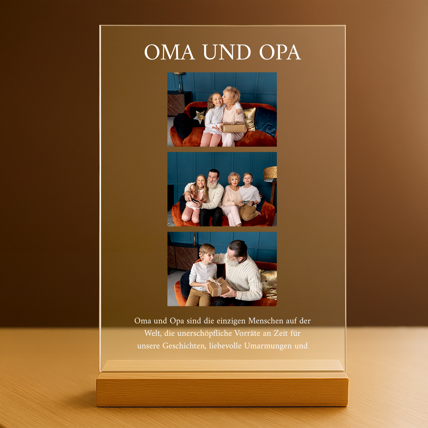 Oma und Opa – Collage aus 3 Fotos, personalisierter Glasdruck für die Großeltern