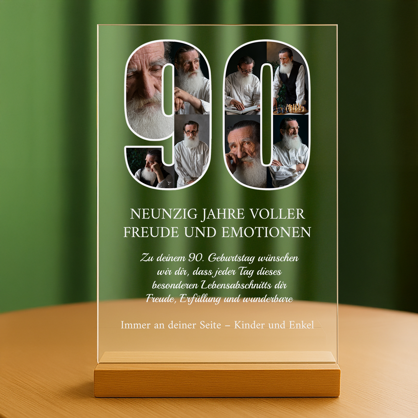 90 Jahre voller Erinnerungen – personalisierter Druck auf Glas für den Großvater