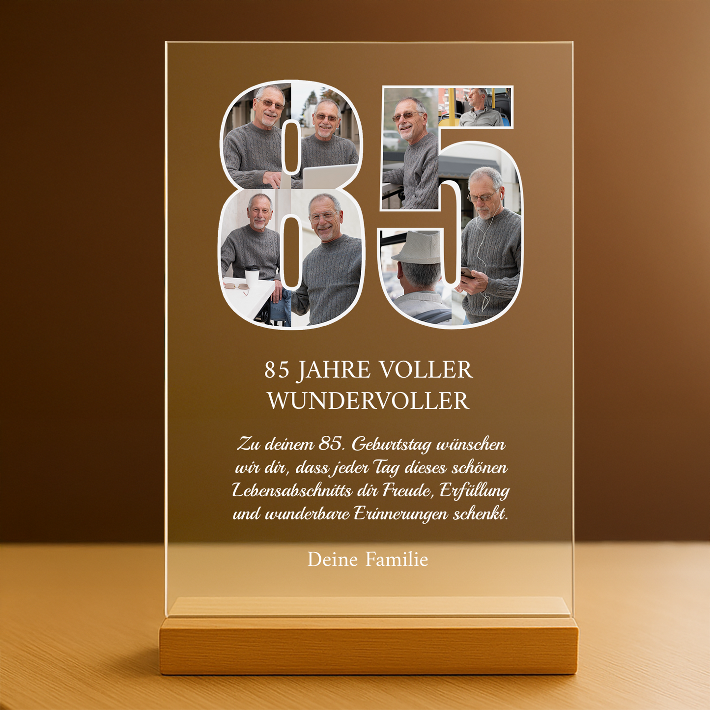 85 Jahre voller schöner Erinnerungen – personalisierter Druck auf Glas für den Großvater