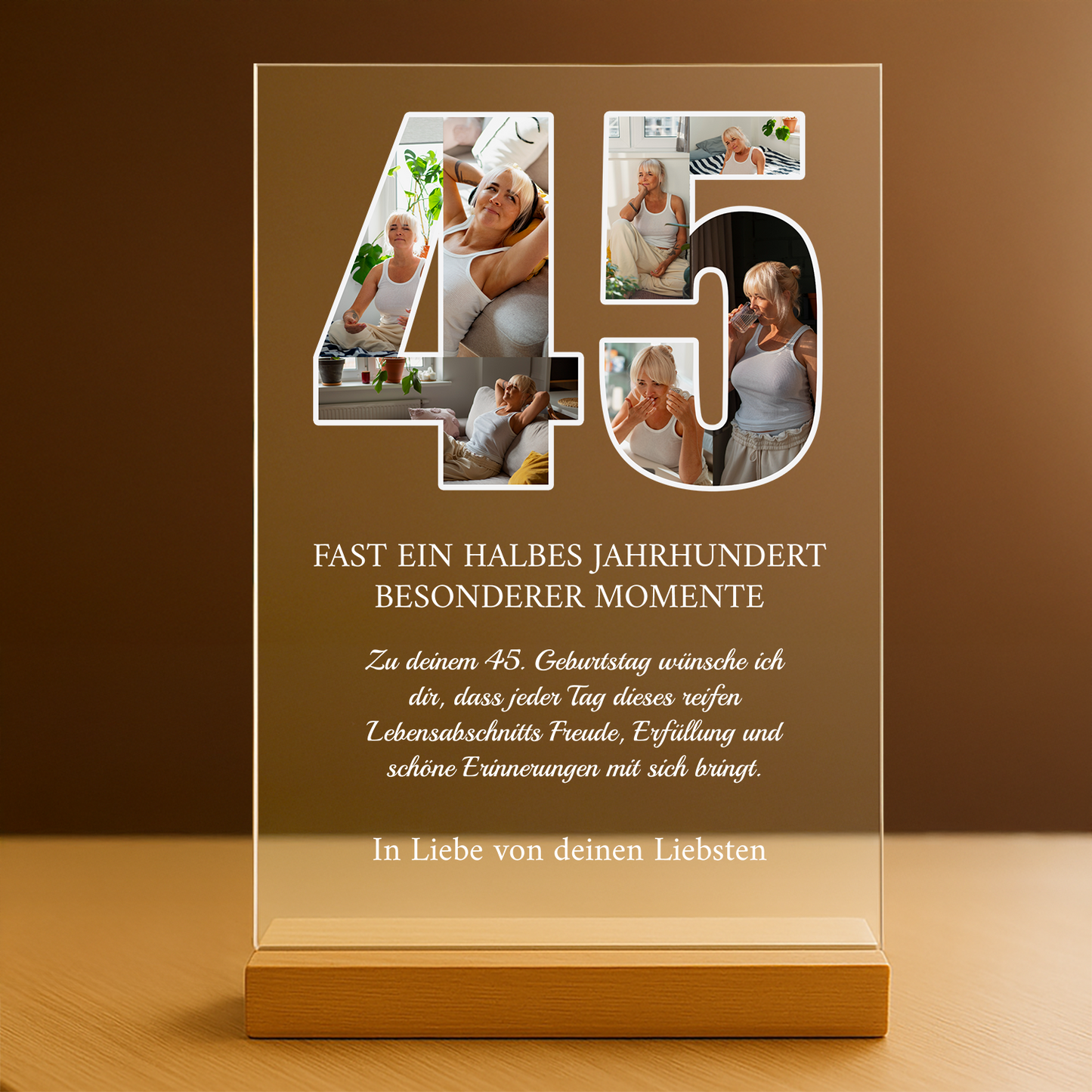 Zum 45. Geburtstag - personalisierter Glasdruck für eine Frau
