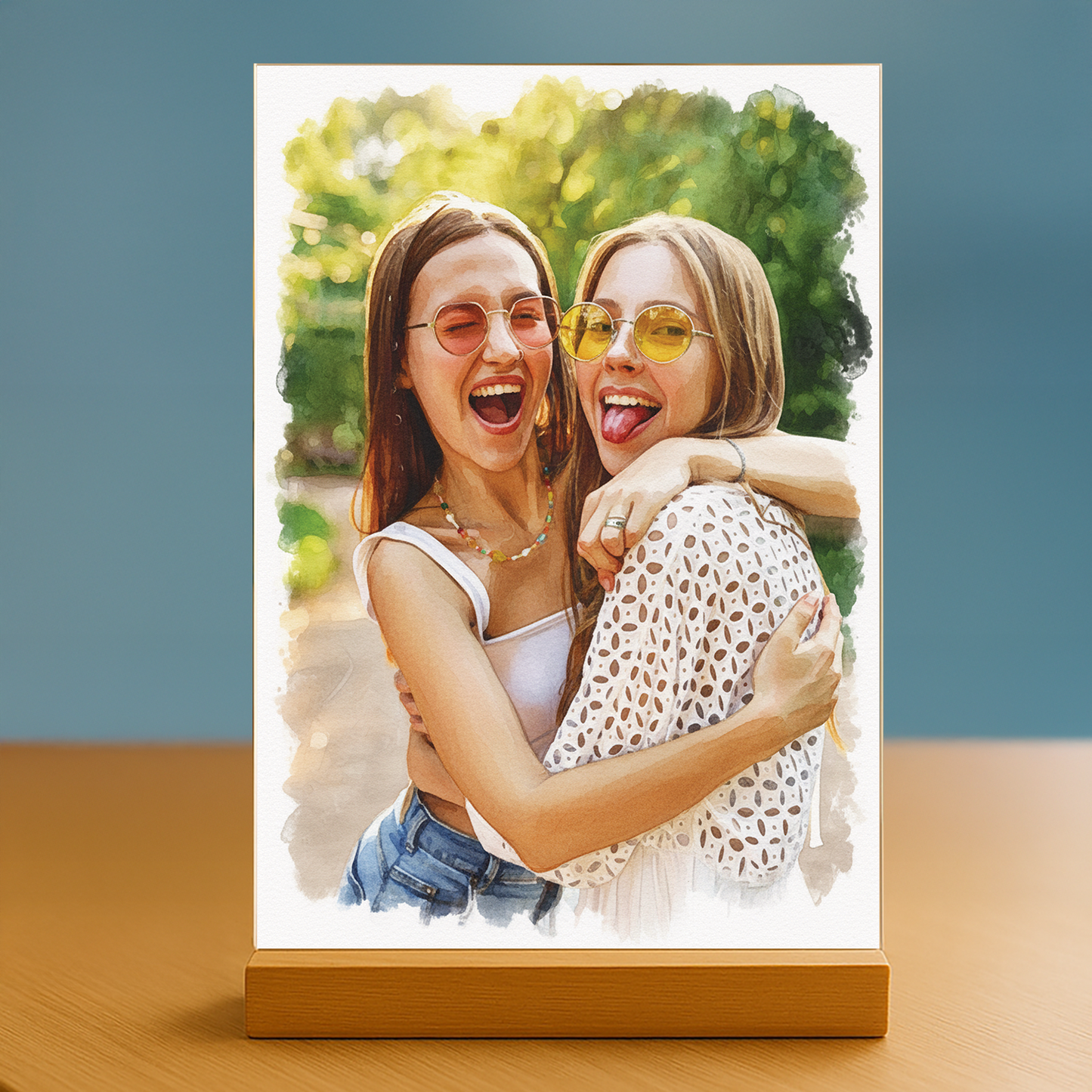 Freundinnen wie in Aquarell gemalt – Acrylglas-Porträt für die beste Freundin