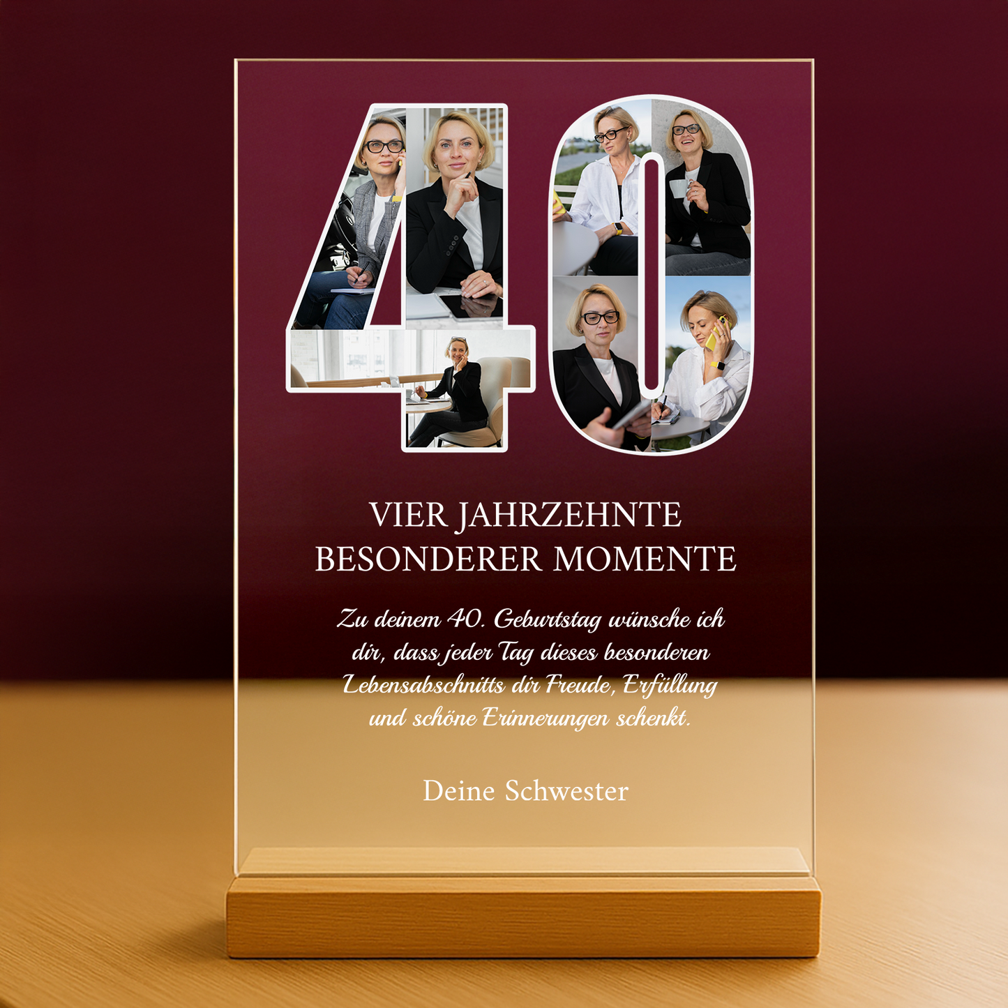 Wünsche zum 40. Geburtstag von der Schwester – personalisierter Druck auf Glas für die Schwester