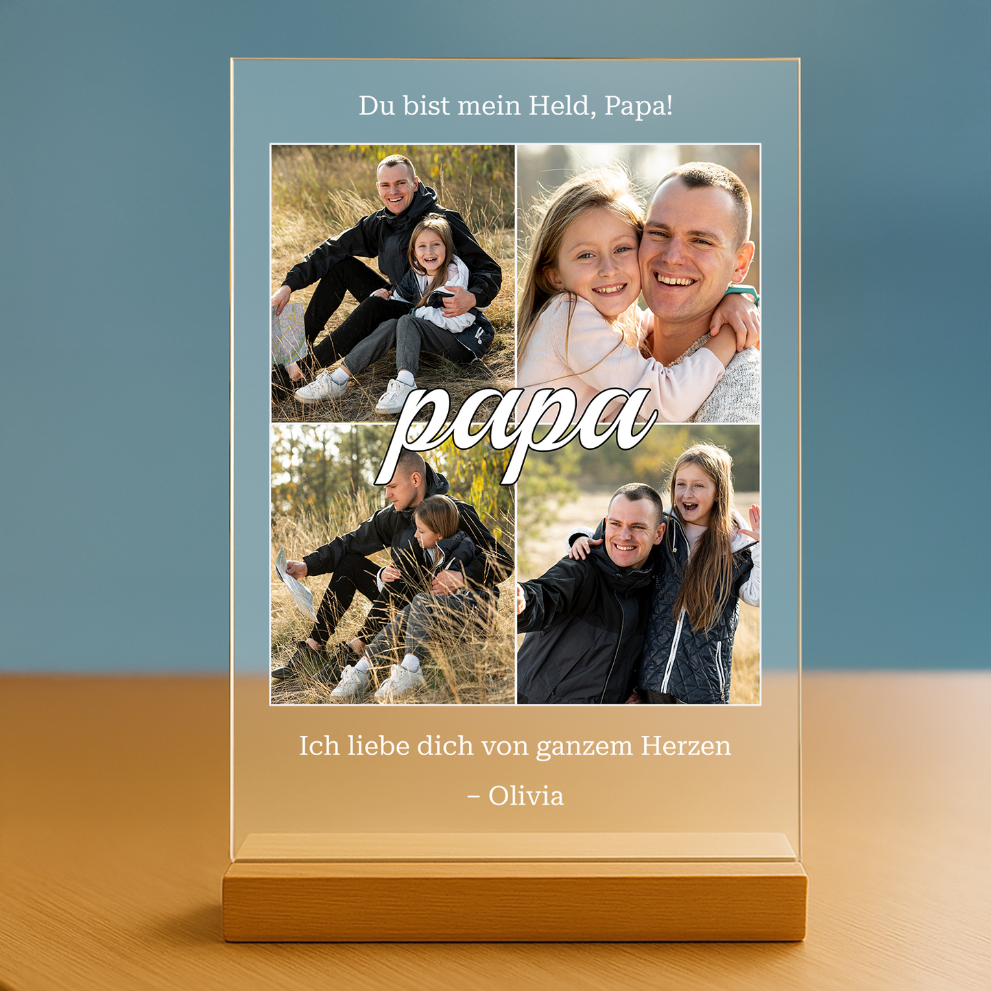 Collage mit 4 Fotos mit Papa – personalisierter Glasdruck