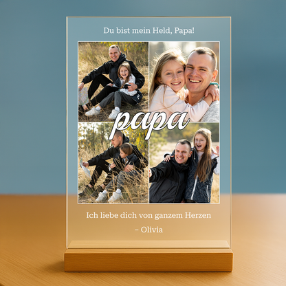 Collage mit 4 Fotos mit Papa – personalisierter Glasdruck