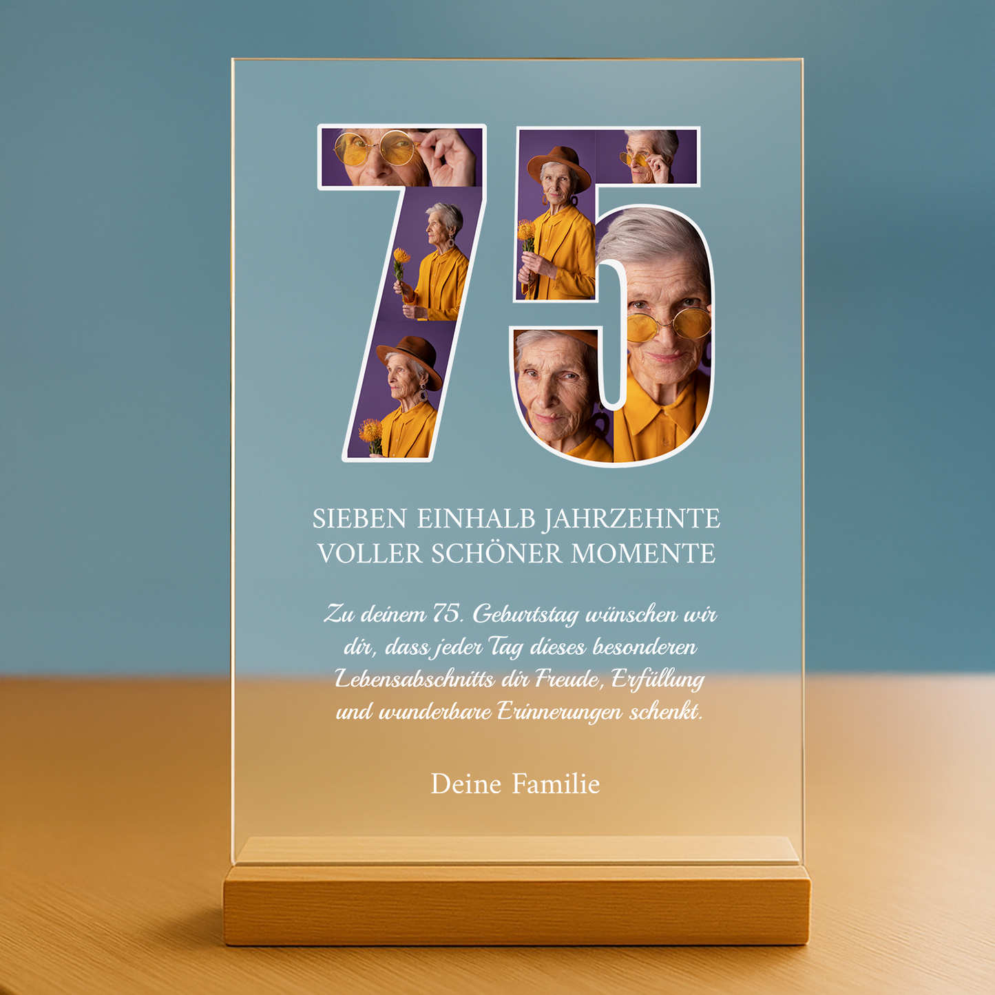75 Jahre voller schöner Momente – personalisierter Druck auf Glas für die Großmutter