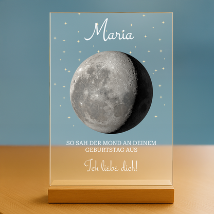 Der Mond am Tag deiner Geburt – personalisierter Druck auf Acrylglas für ein Kind