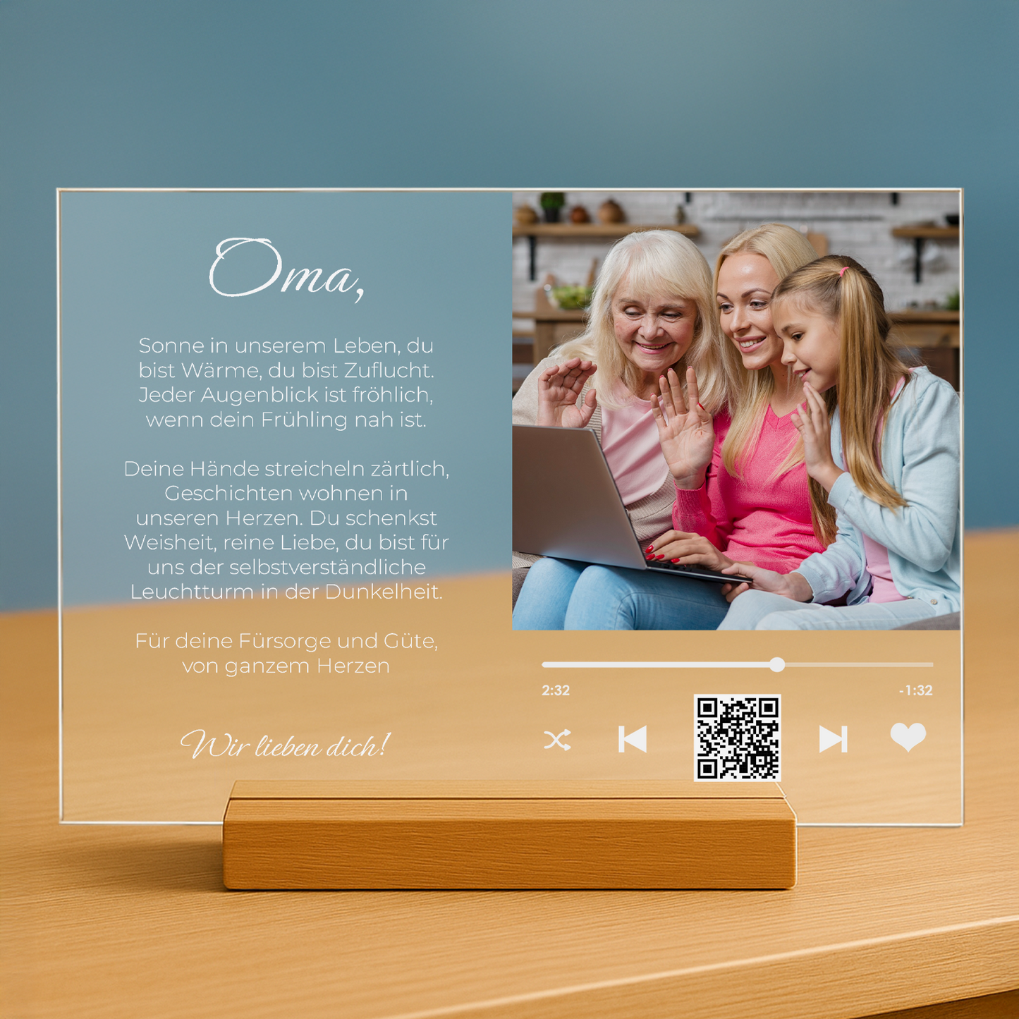 Dankeschön für Oma für ihre Fürsorge und Güte – personalisierter Glasdruck für die Oma