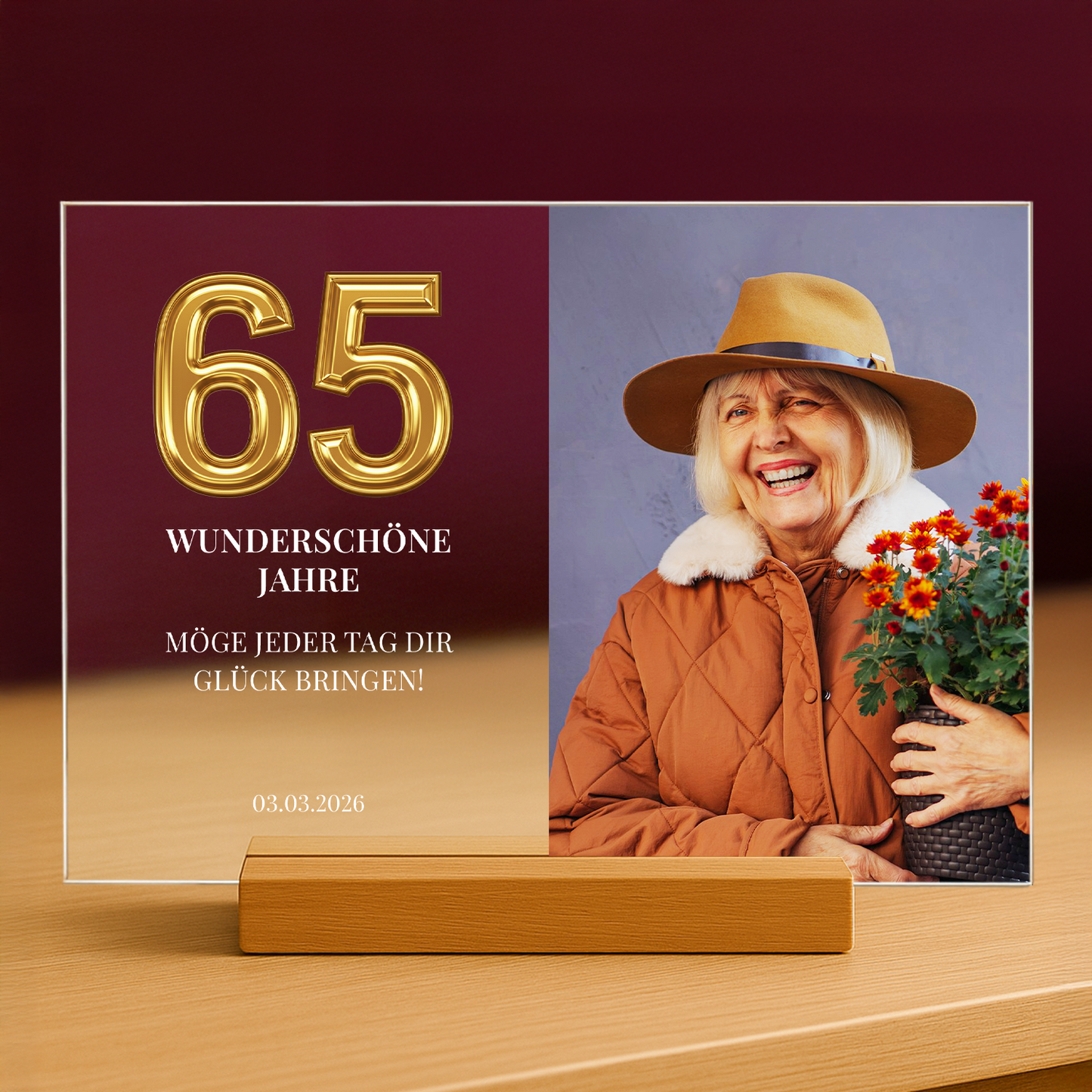 65 wunderschöne Jahre – personalisierter Glasdruck für sie